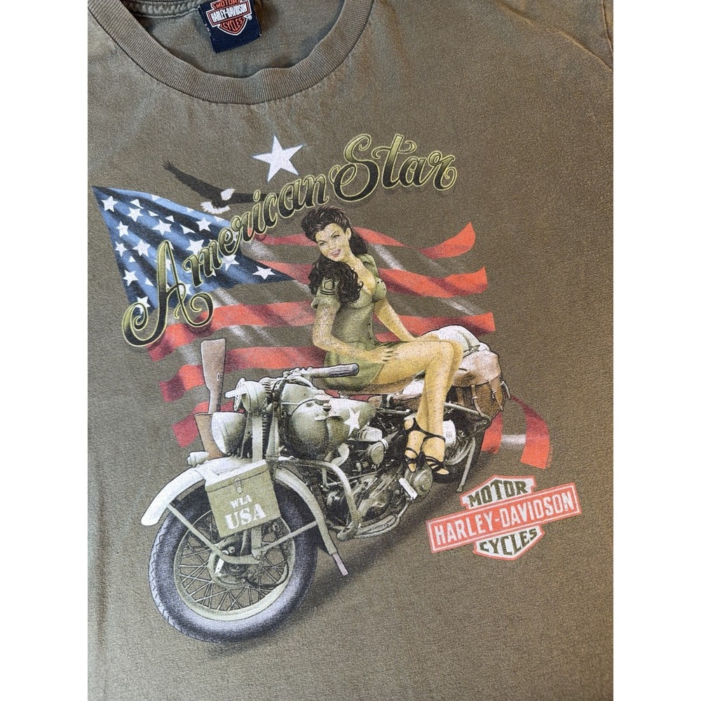 Harley Davidson T Shirt Men Large Green American Star Pin Up Biker Graphic Y2K - Picture 2 of 10
